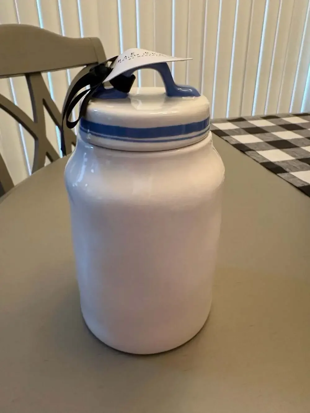 Rae Dunn Fresh Ceramic Canister with Blue Striped Lid and Handle